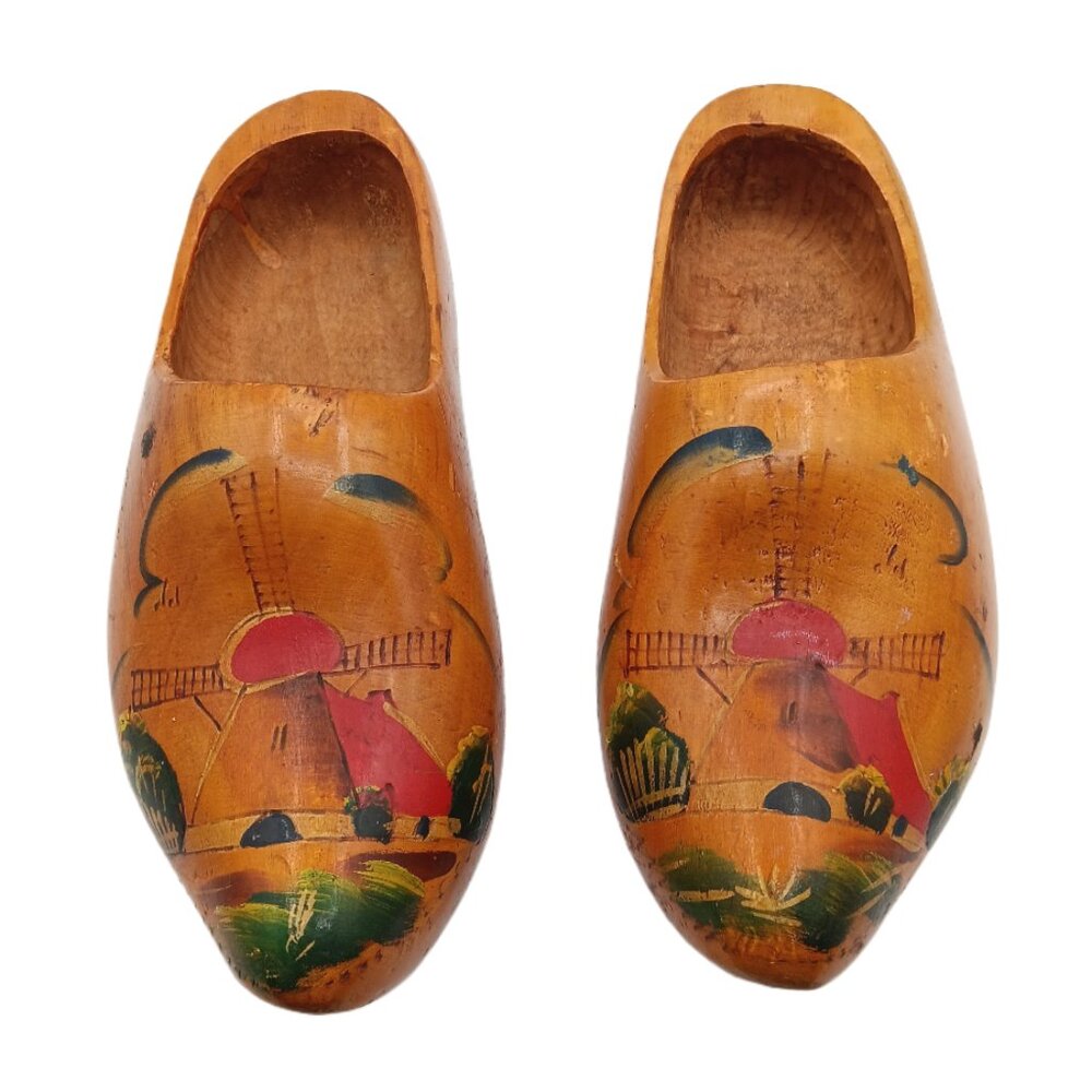 Vintage Dutch Wooden Clogs 12" Carved Hand-Painted Windmill Holland Heritage